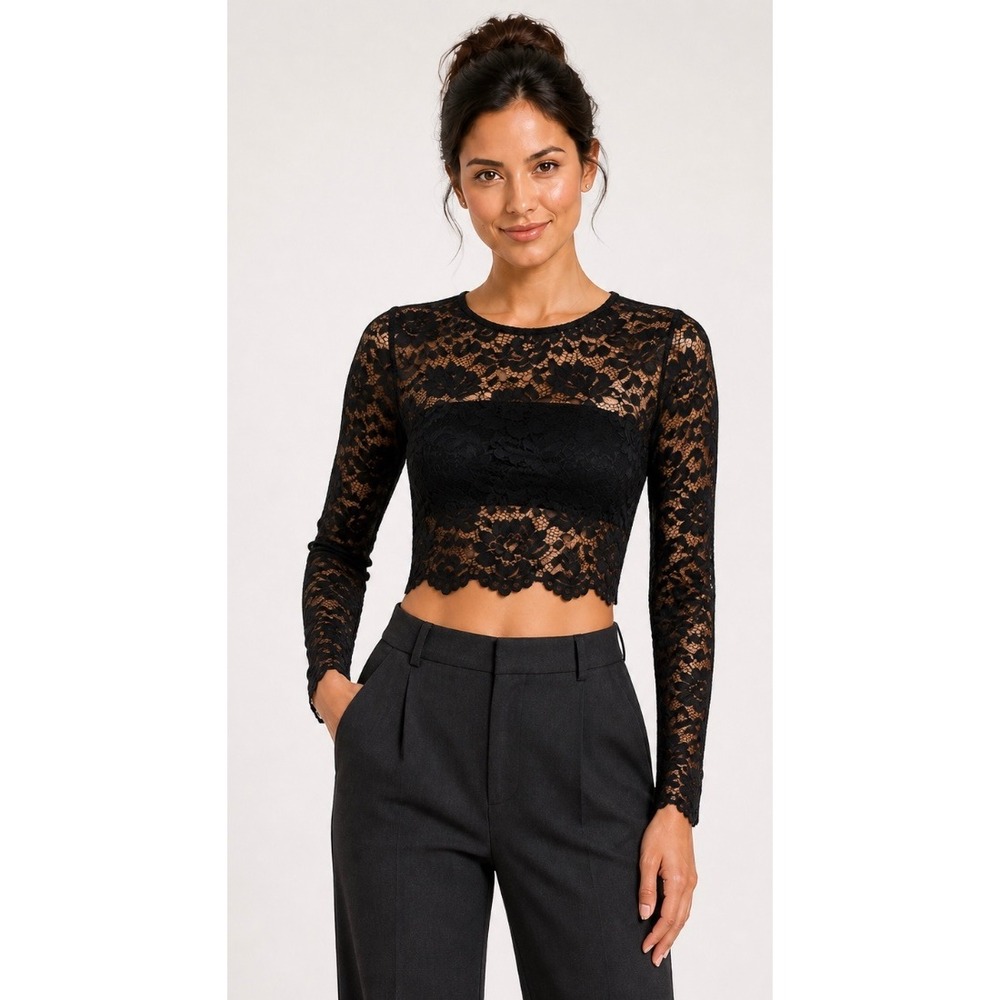 Generation Love Black Sheer Floral Lace Long Sleeve Crop Top Size XS